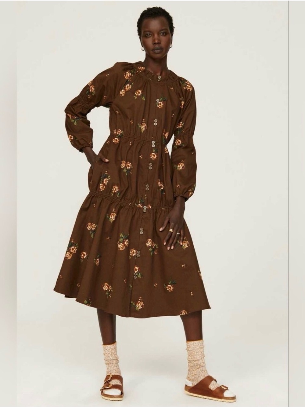 Pamela Love Brown Floral Button-Down Midi Dress